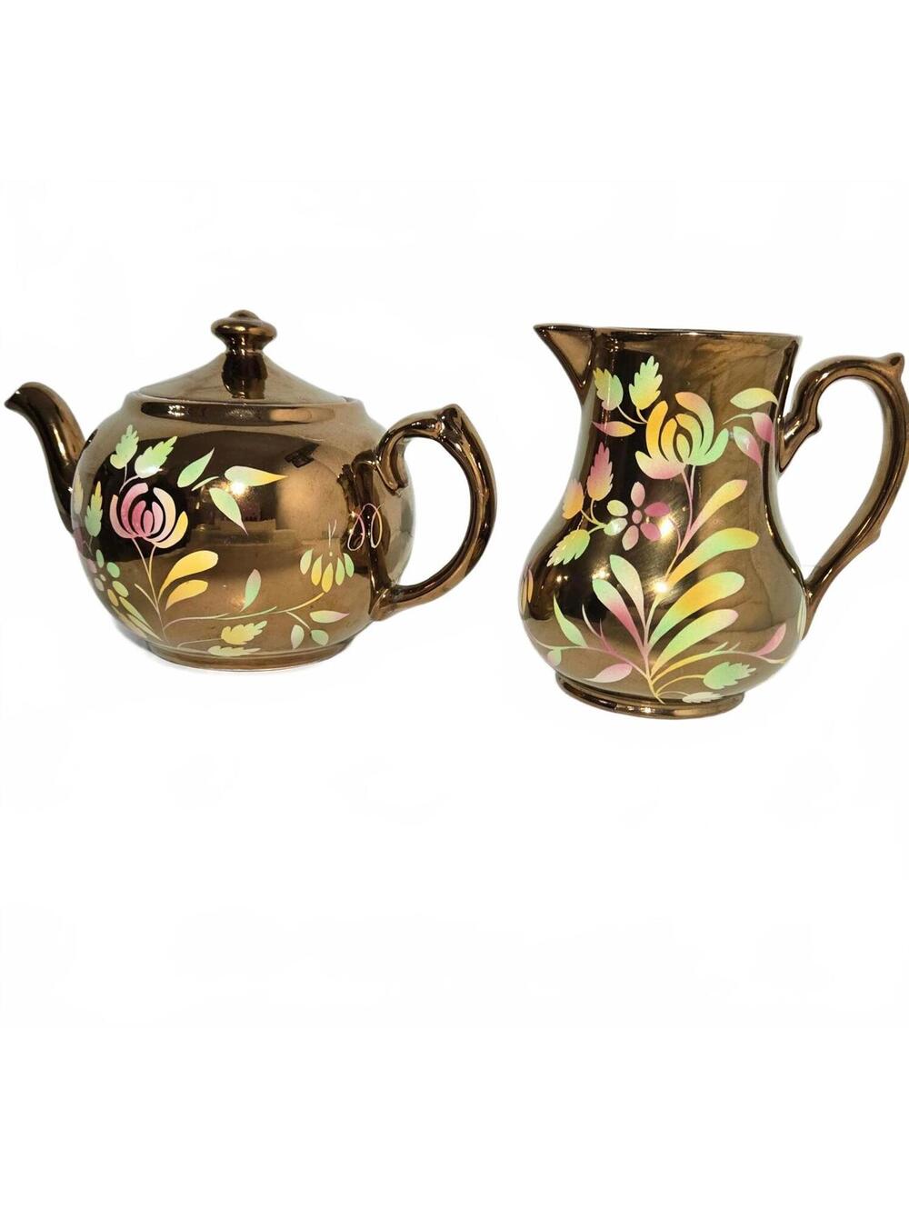 Wade Bronze Gold Lustre Ware Floral Teapot & Creamer / Made in England / Vintage